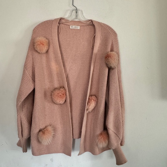 Janice Apparel Womens Pink Ribbed Knit Pom Pom Open Cardigan Sweater, Size Large - Picture 1 of 5